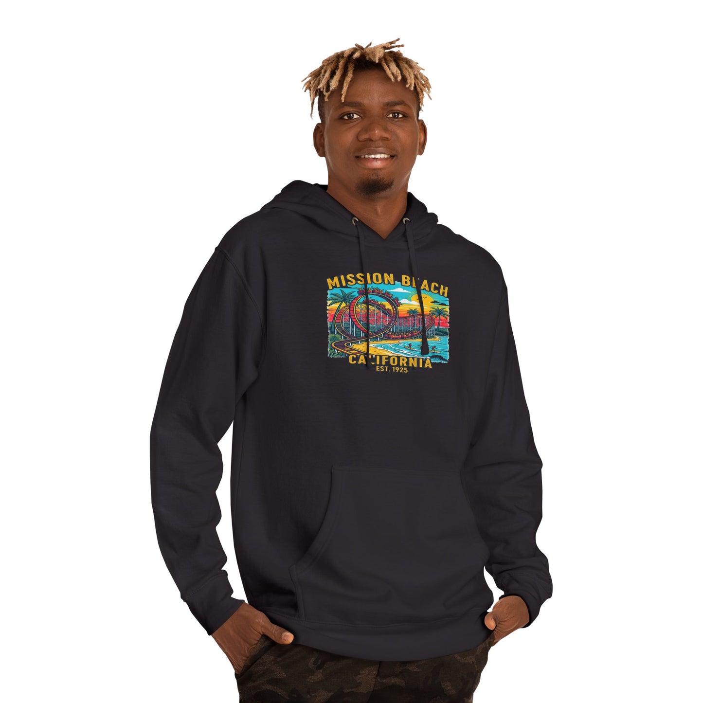 Mission Beach CA Hooded Sweatshirt, Beach Vibes, Casual Wear, Gift for Him/Her