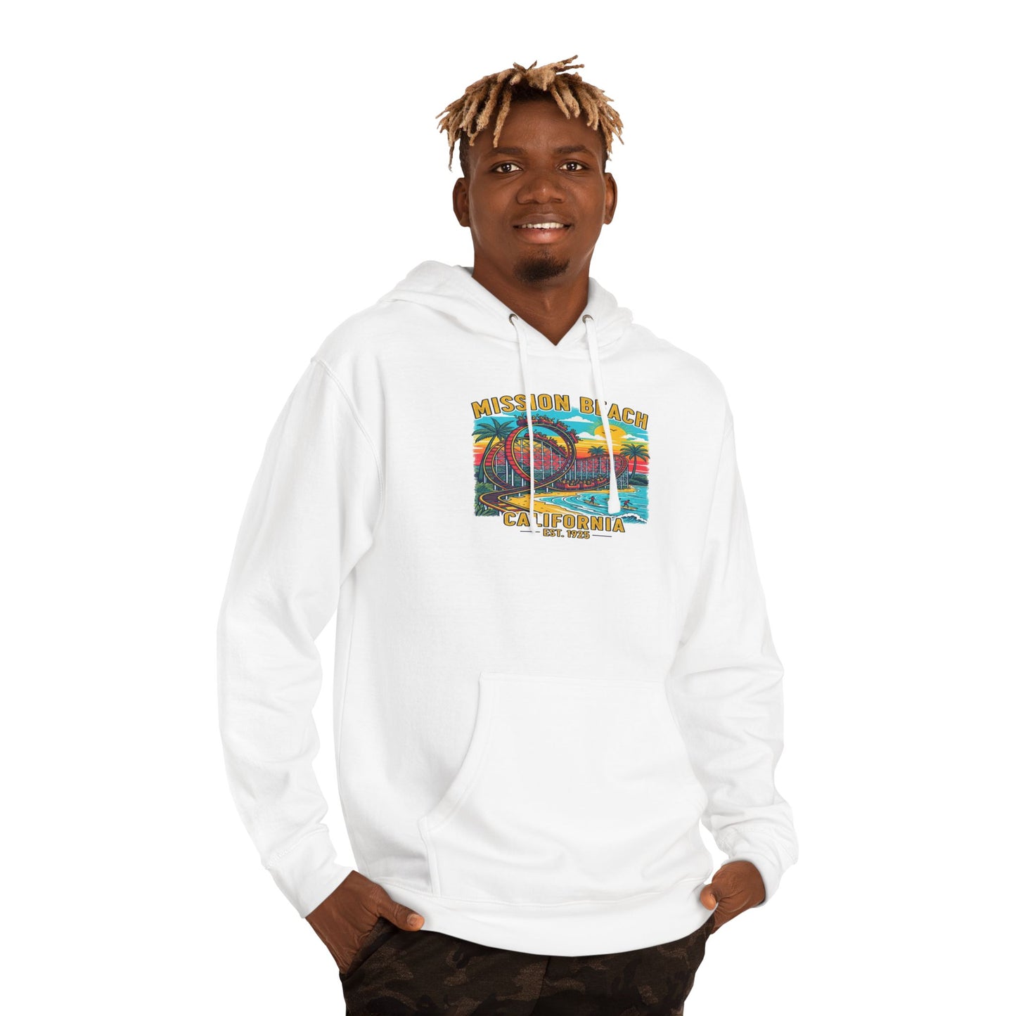 Mission Beach CA Hooded Sweatshirt, Beach Vibes, Casual Wear, Gift for Him/Her
