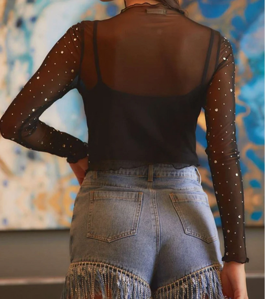 Black RhineStone Long Sleeve Mesh Top
