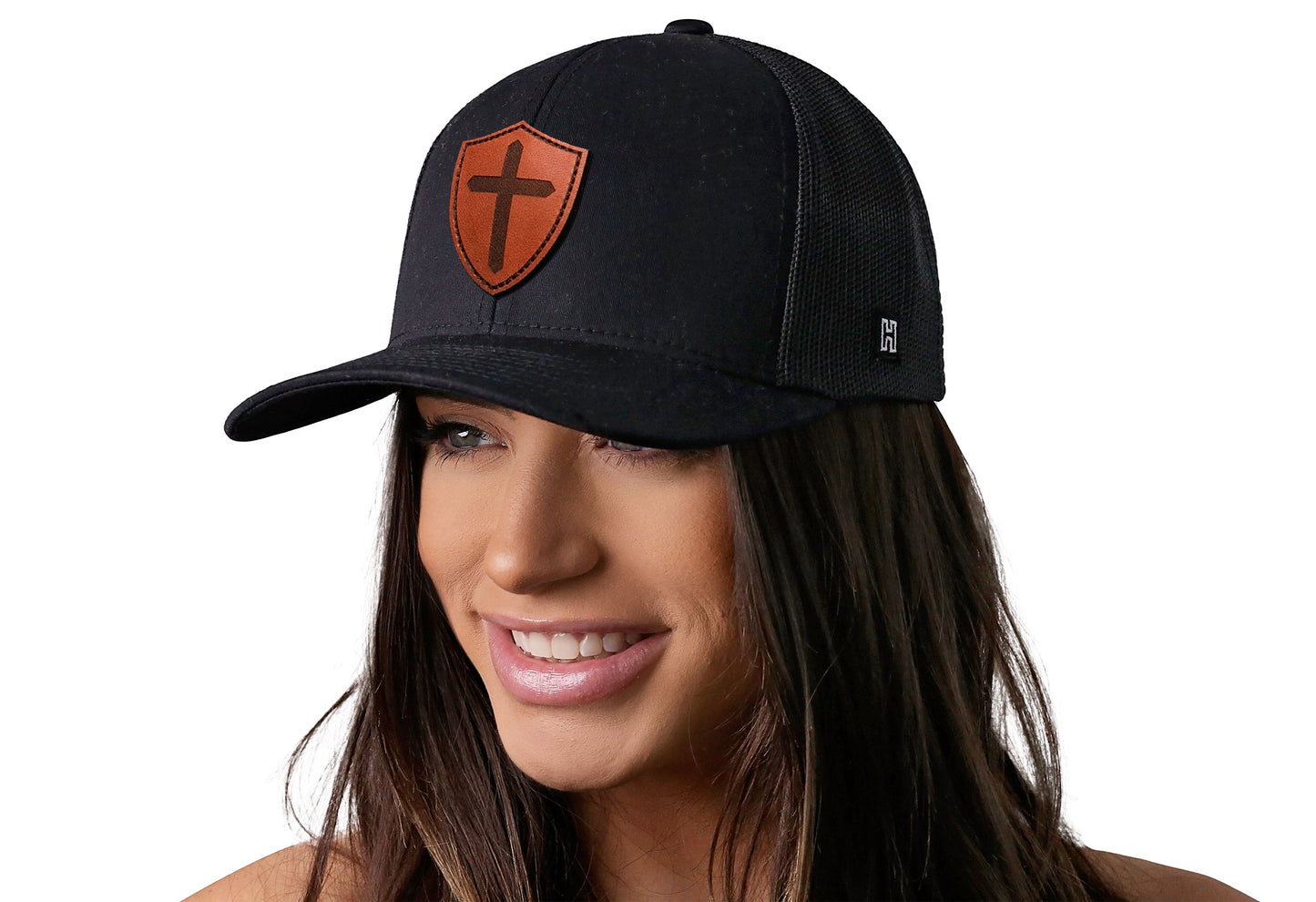 Cross Trucker Hat Shield Leather | Black Christian Snapback