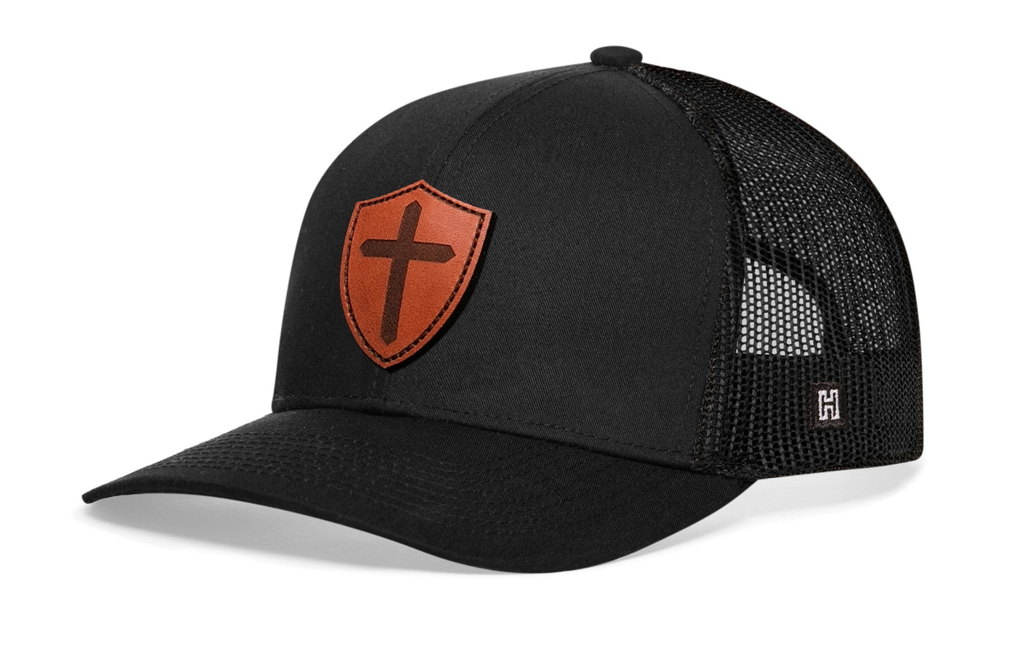 Cross Trucker Hat Shield Leather | Black Christian Snapback
