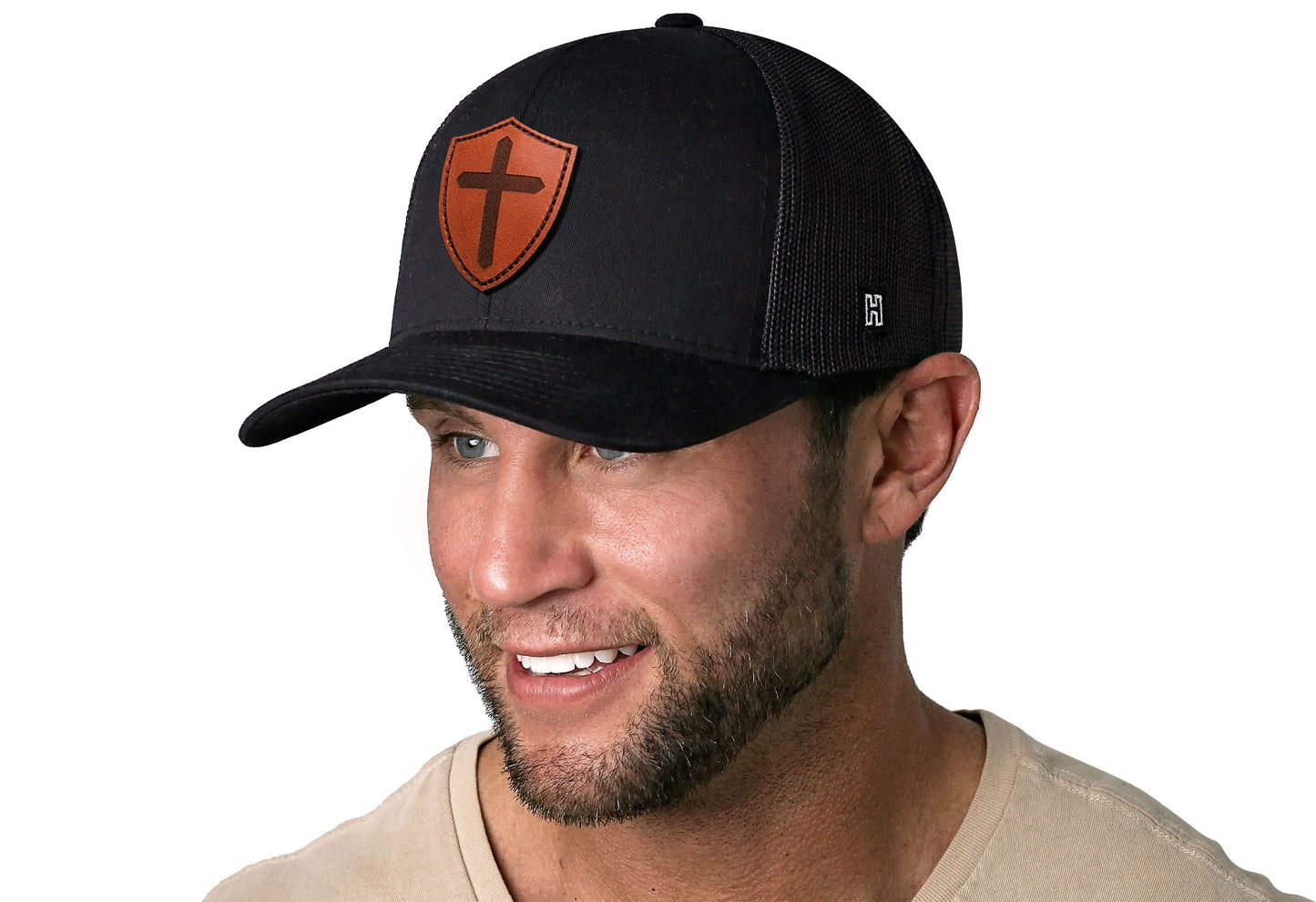 Cross Trucker Hat Shield Leather | Black Christian Snapback