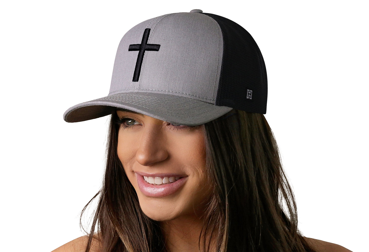 Cross Trucker Hat | Gray Black Christian 3D Puff Snapback