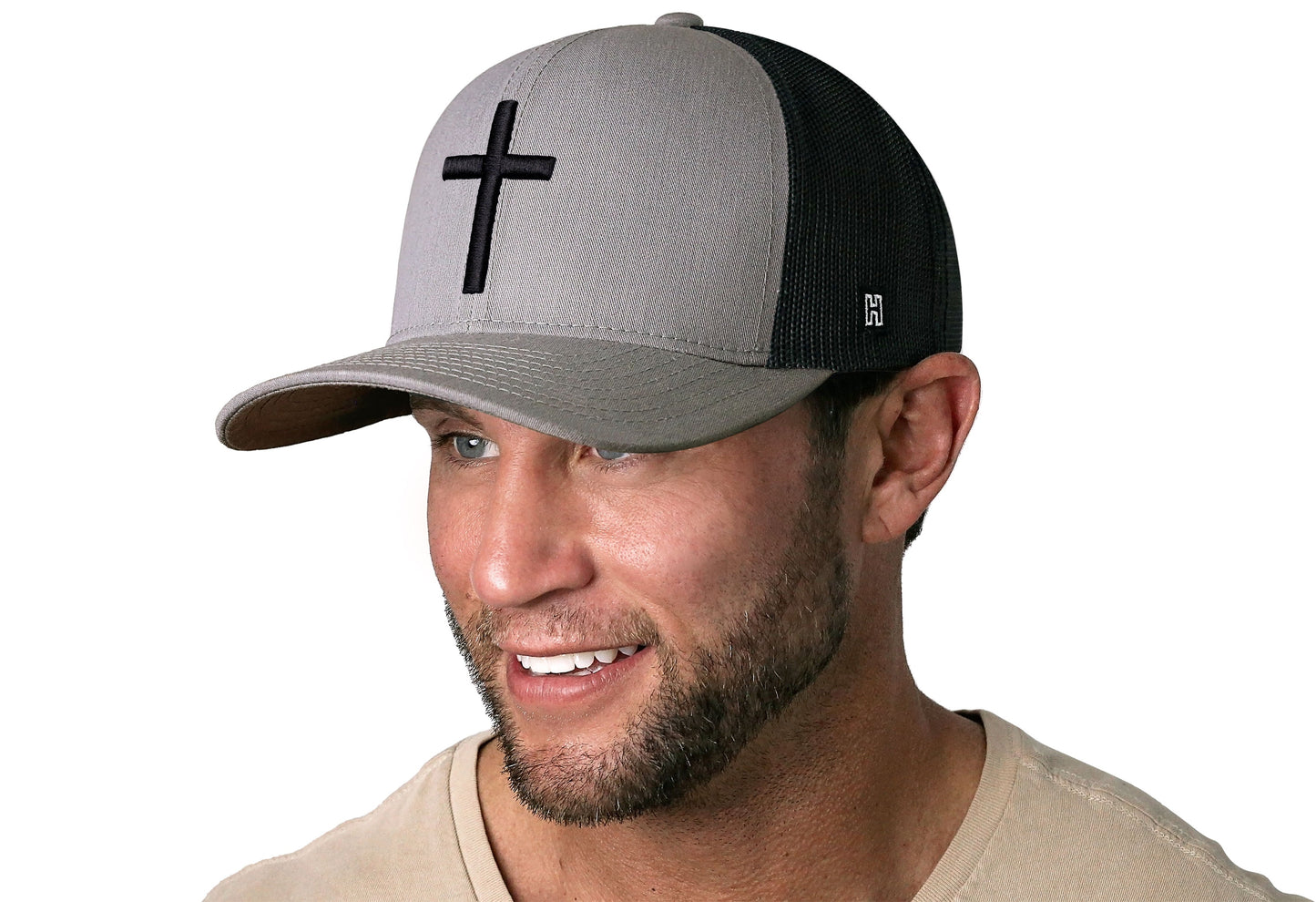 Cross Trucker Hat | Gray Black Christian 3D Puff Snapback