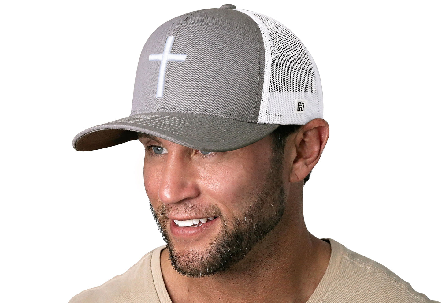 Cross Trucker Hat | Gray White Christian 3D Puff Snapback