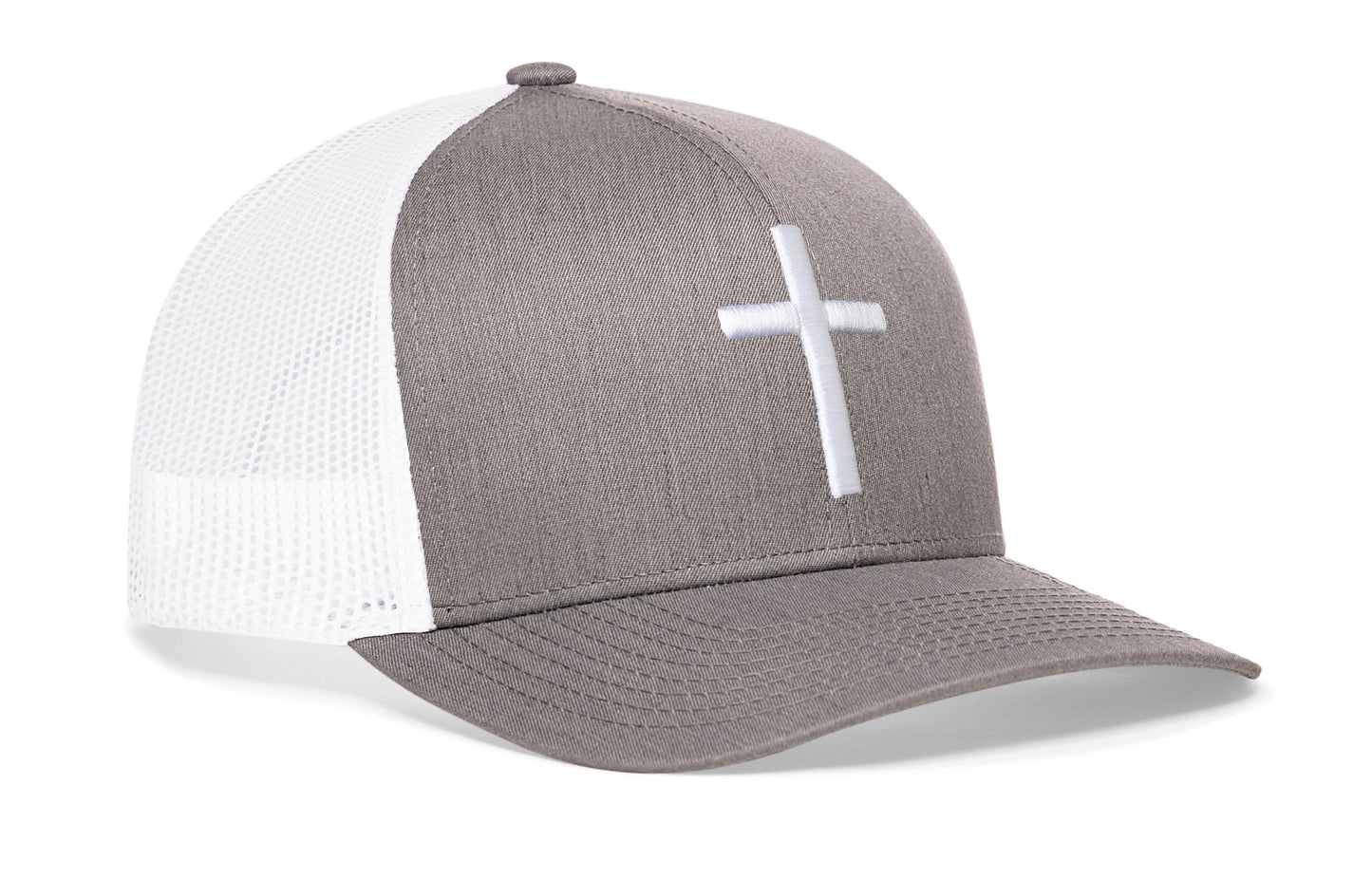 Cross Trucker Hat | Gray White Christian 3D Puff Snapback