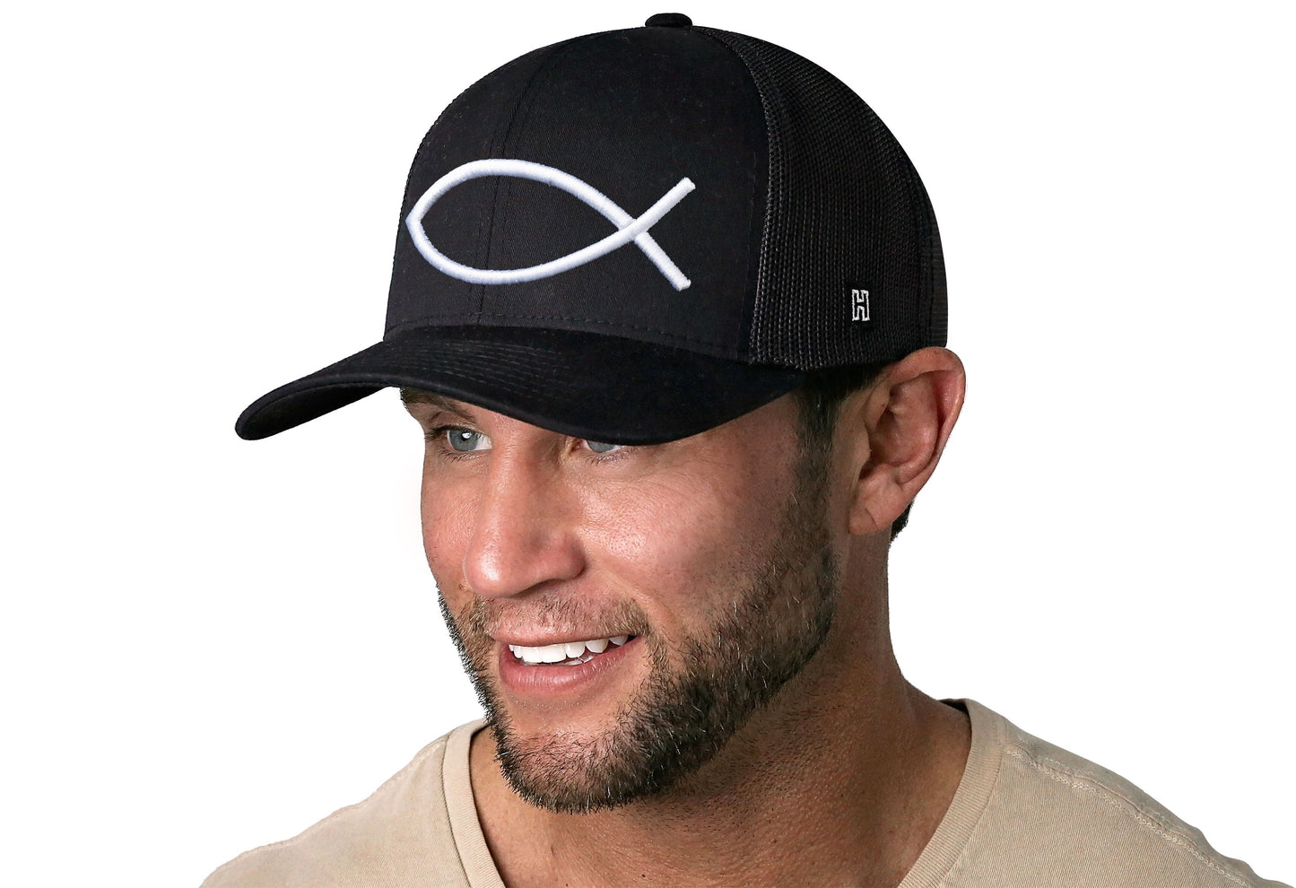 Jesus Fish Trucker Hat | Black Ichthys 3D Puff Snapback