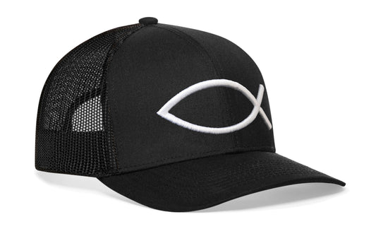 Jesus Fish Trucker Hat | Black Ichthys 3D Puff Snapback
