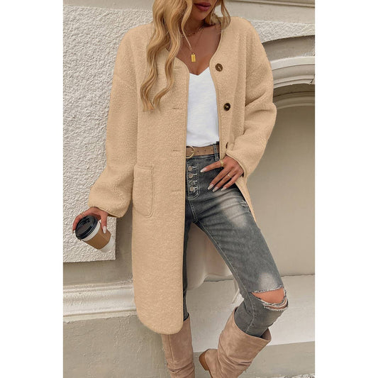 Solid Fuzzy Long Body Button Down Pockets Coat