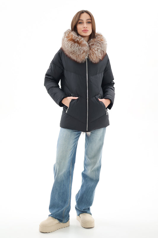 Genuine Silver Fox Fur Down Insulated Parka