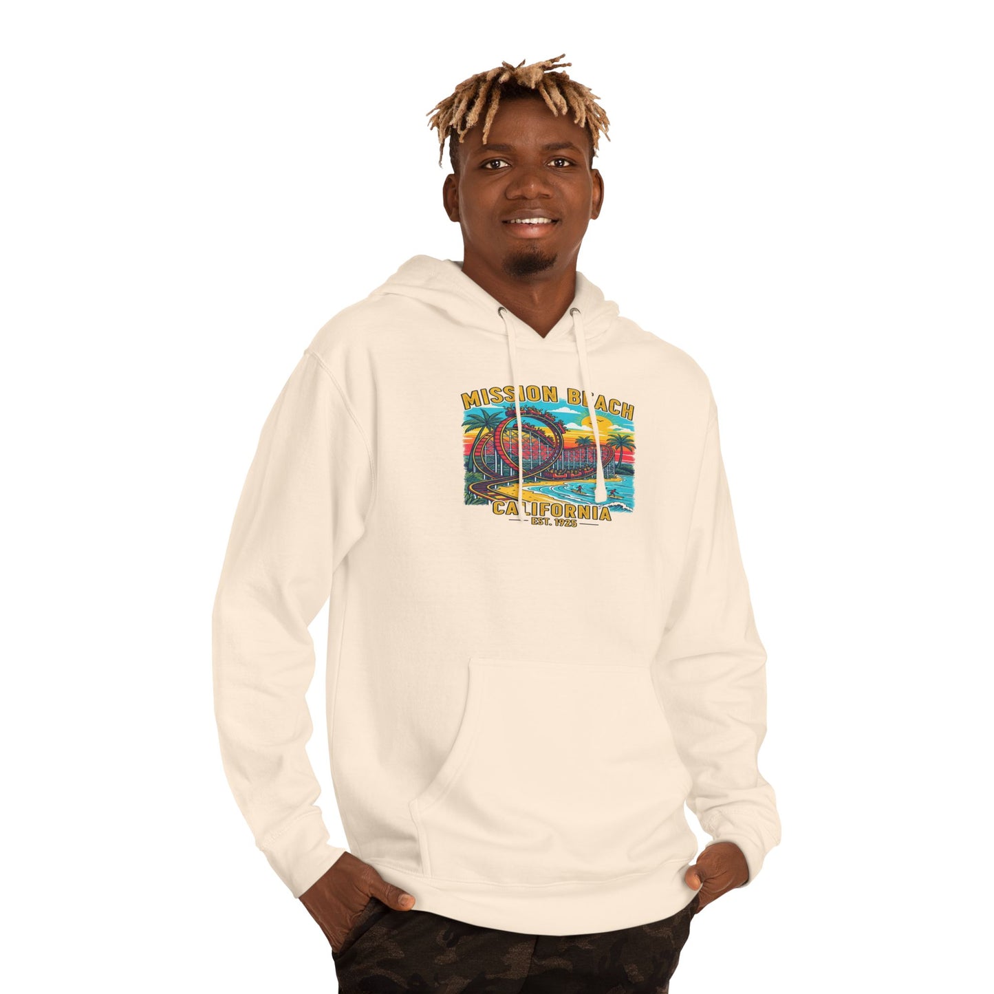 Mission Beach CA Hooded Sweatshirt, Beach Vibes, Casual Wear, Gift for Him/Her