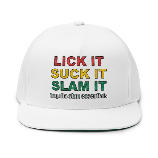 LICK IT SUCK IT SLAM IT Embroidered Flat Bill Cap with Fun Slogan, Trendy Baseball Hat for Parties, Gift for Friends, Holiday Accessory, Cool Streetwear