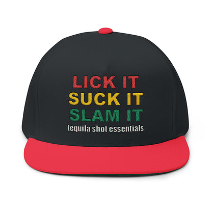 LICK IT SUCK IT SLAM IT Embroidered Flat Bill Cap with Fun Slogan, Trendy Baseball Hat for Parties, Gift for Friends, Holiday Accessory, Cool Streetwear