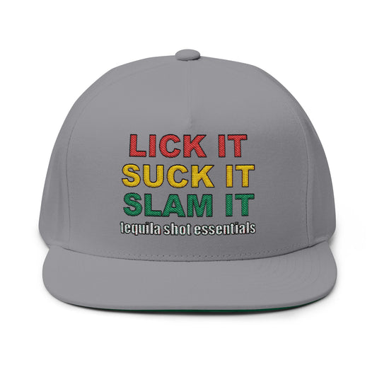 LICK IT SUCK IT SLAM IT Embroidered Flat Bill Cap with Fun Slogan, Trendy Baseball Hat for Parties, Gift for Friends, Holiday Accessory, Cool Streetwear