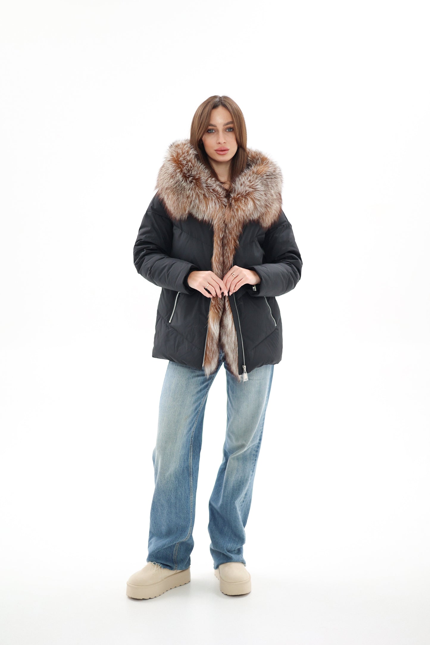 Genuine Silver Fox Fur Down Insulated Parka