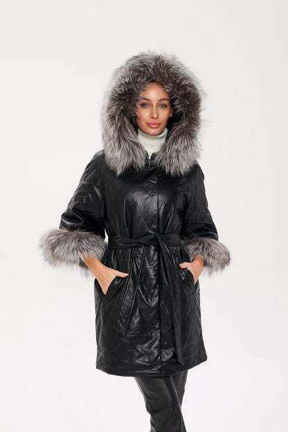 Genuine Silver Fox Eco-Leather Coat with Sleeve Extenders