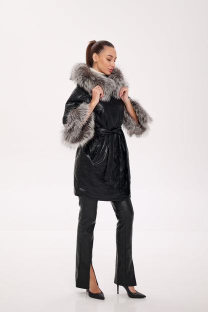 Genuine Silver Fox Eco-Leather Coat with Sleeve Extenders