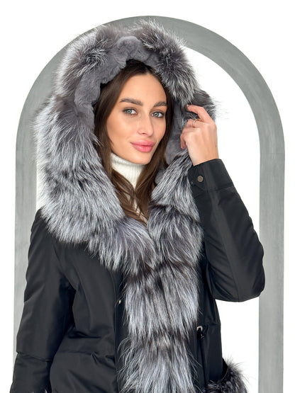 Genuine Silver Fox Fur Rabbit Fur Insulated Parka