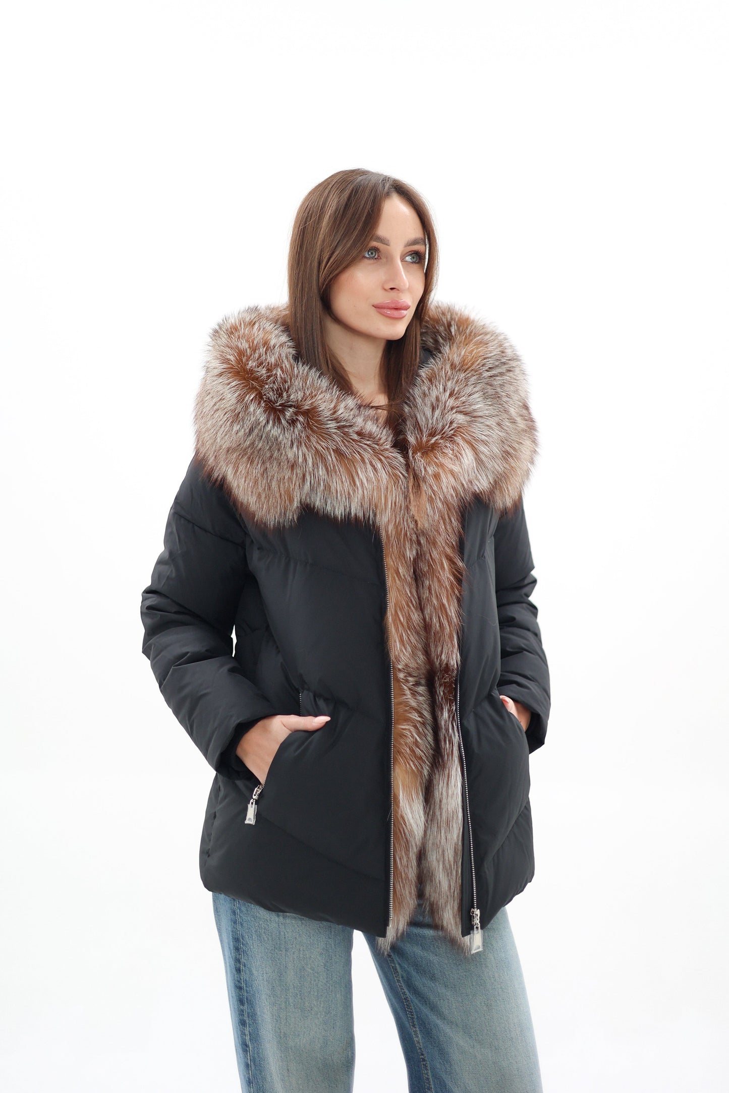 Genuine Silver Fox Fur Down Insulated Parka