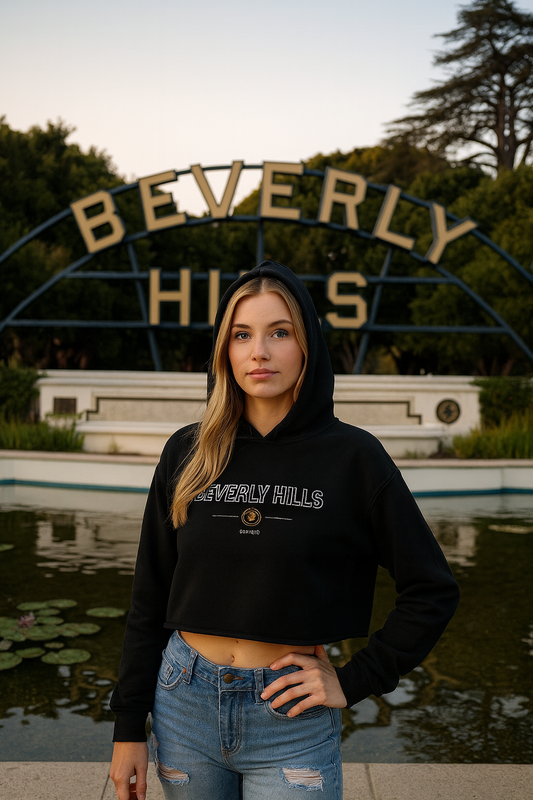 Black Cropped Hoodie for Women, Beverly Hills Trendy Pullover Sweatshirt
