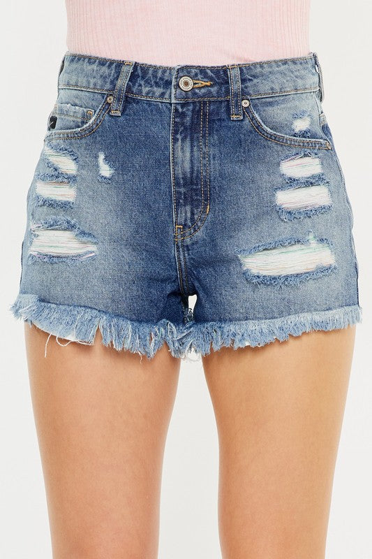 KanCan High Rise Denim Shorts with Multi Color Threads