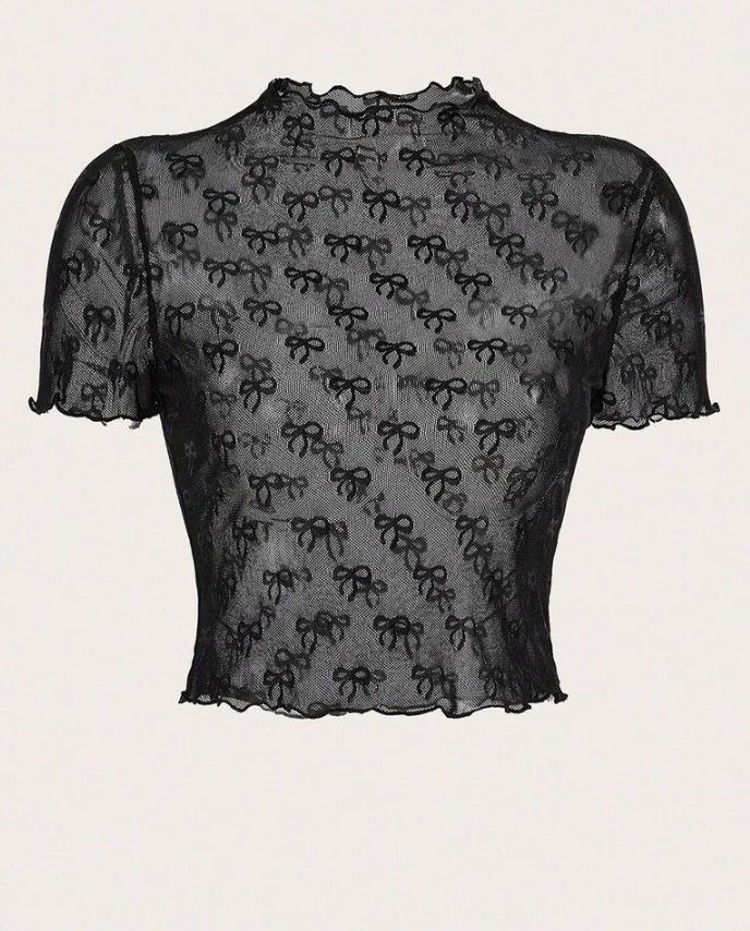 Black Bow Print Short Sleeve Mesh Top