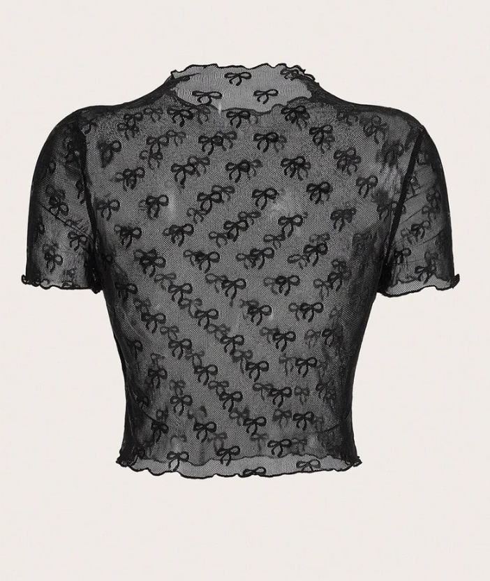 Black Bow Print Short Sleeve Mesh Top