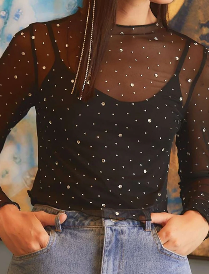 Black RhineStone Long Sleeve Mesh Top
