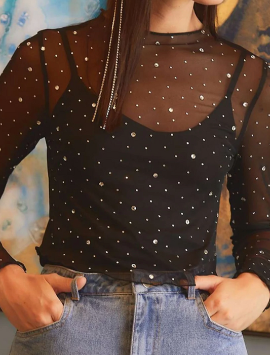 Black RhineStone Long Sleeve Mesh Top
