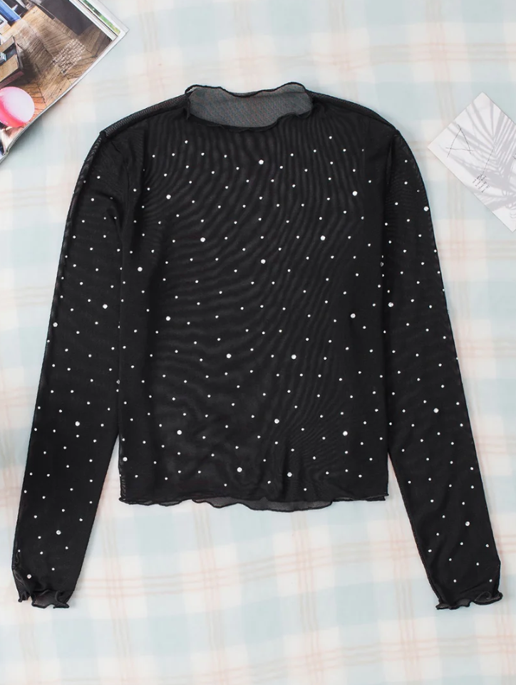Black RhineStone Long Sleeve Mesh Top