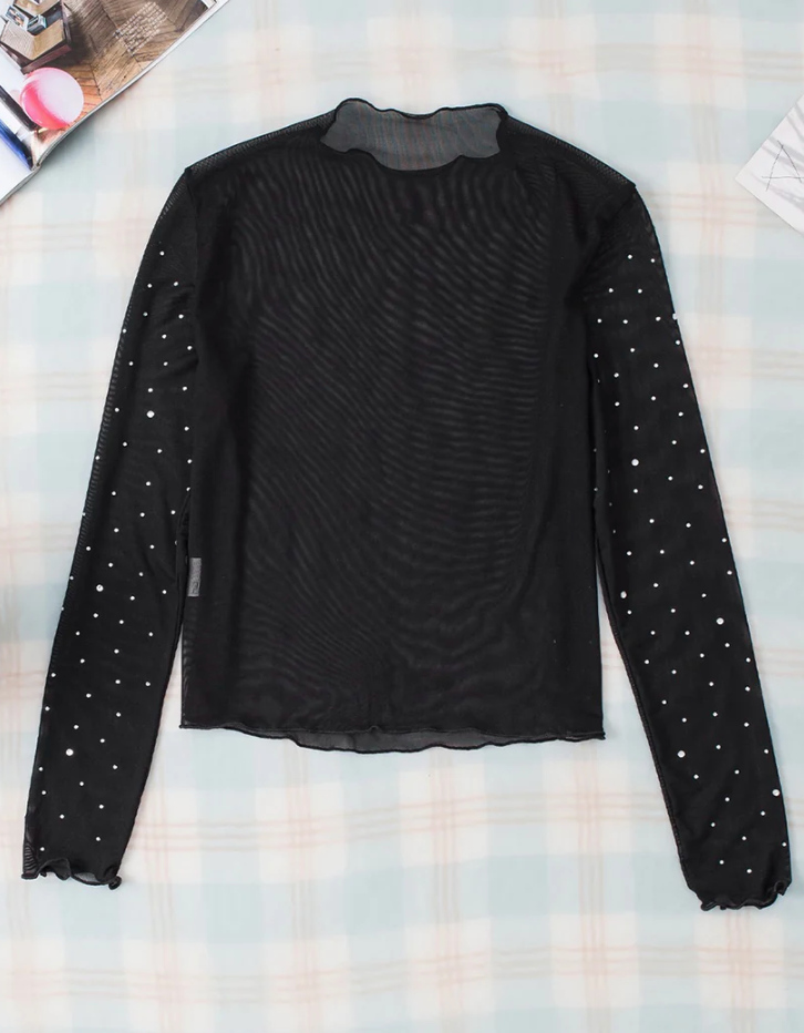 Black RhineStone Long Sleeve Mesh Top