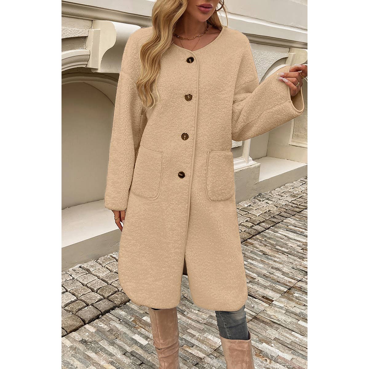 Solid Fuzzy Long Body Button Down Pockets Coat